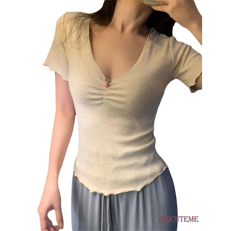 Áo Thun Crop Top Tay Ngắn Cổ Chữ V Màu Sắc Đơn Giản Dành Cho Nữ