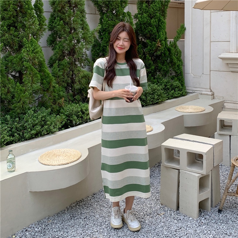 SUXI Đầm Midi Tay Ngắn Cổ Tròn Dáng Rộng Họa Tiết Kẻ Sọc Thời Trang Mùa Hè Xinh Xắn Cho Nữ