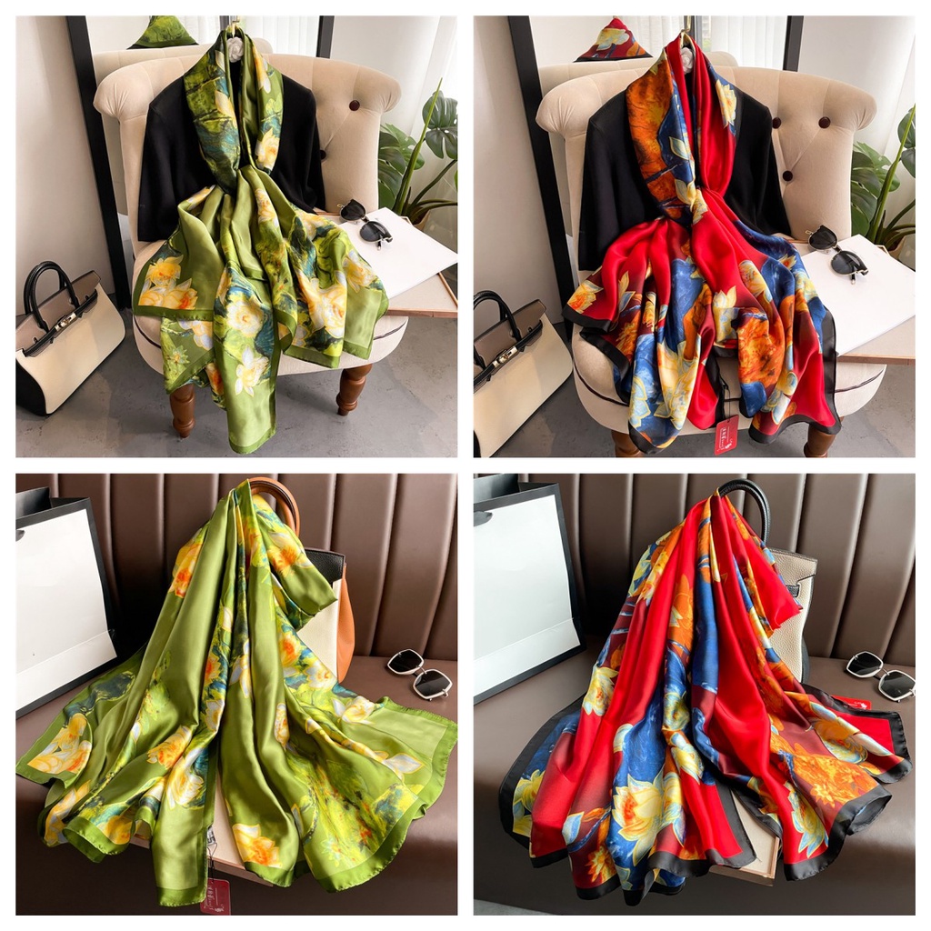 Khăn Choàng Lụa Chống Nắng Dáng Dài Cỡ Lớn 180 * 90CM In Họa Tiết Hoa Sen / Ao Sen Sang Trọng Cho Nữ
