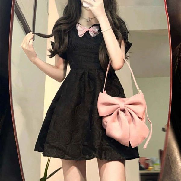 Đầm Đen Dáng Chữ a Thắt Nơ Eo Phong Cách Hàn Quốc Ngọt Ngào Cho Nữ