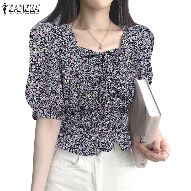 Áo kiểu ZANZEA cổ vuông tay phồng in họa tiết hoa phong cách Hàn Quốc thời trang cho nữ