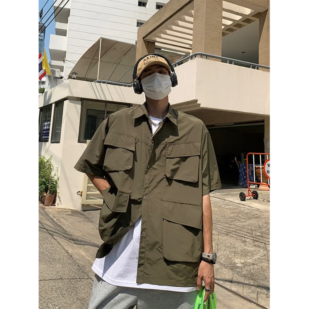 Áo Sơ Mi Ngắn Tay Dáng Rộng Nhiều Túi Màu Sắc Thời Trang Mùa Hè Nhật Bản Dành Cho Nam