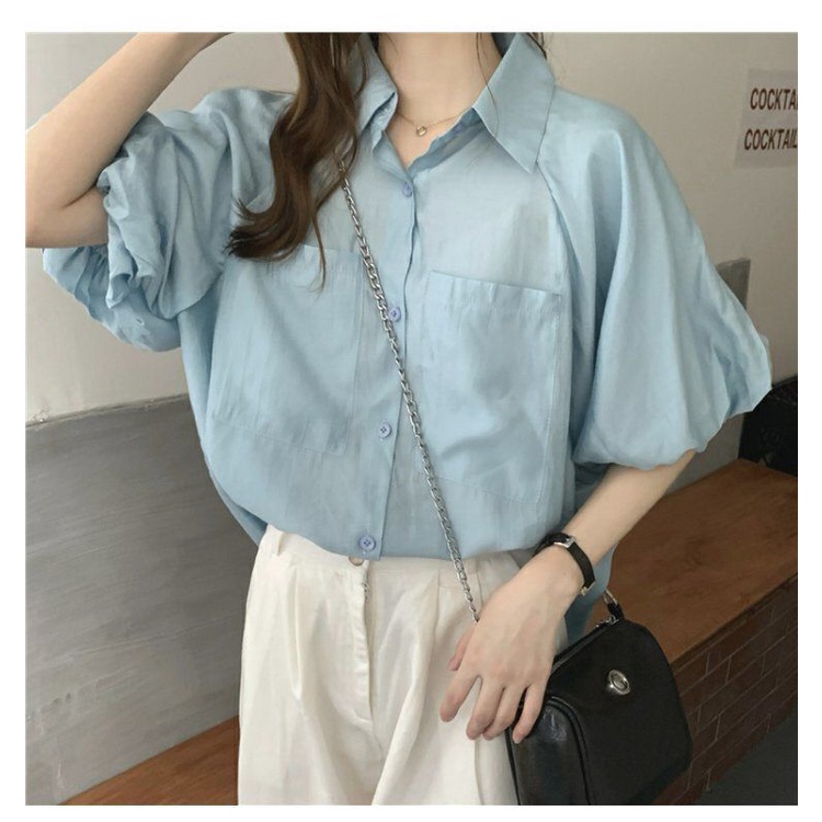 Áo Sơ Mi Chiffon Tay Phồng Màu Xanh Dương Phong Cách Hàn Quốc Cho Nữ