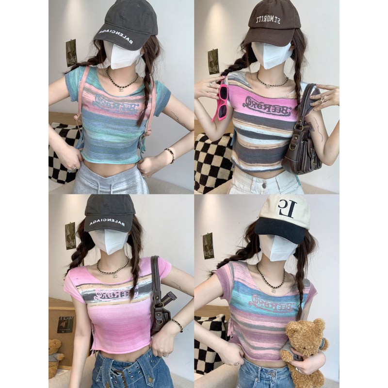 Áo Dệt Kim Dây Rút Kẻ Sọc In Chữ Phong Cách Hàn Quốc Cho Nữ