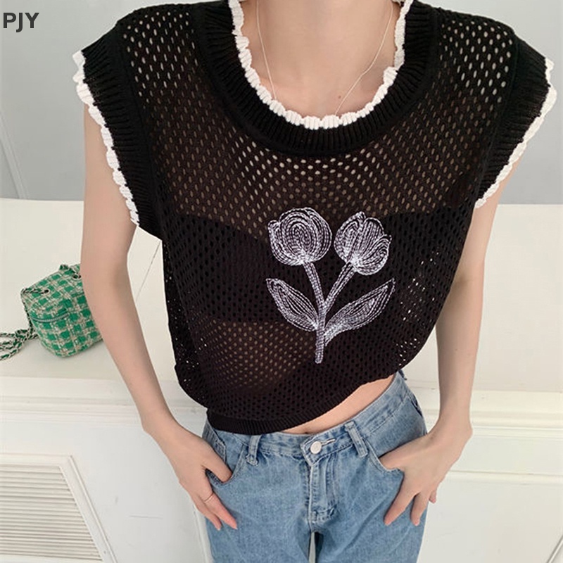 Áo Dệt Kim Sát Nách Dáng Rộng In Hoa Khoét Rỗng Kiểu Retro Thời Trang Mùa Hè Cho Bạn Gái PJ