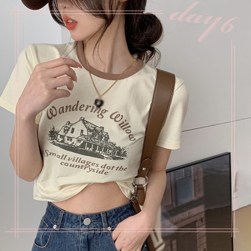 Áo Thun Nữ Ngắn Tay Cổ Tròn In Chữ Đơn Giản