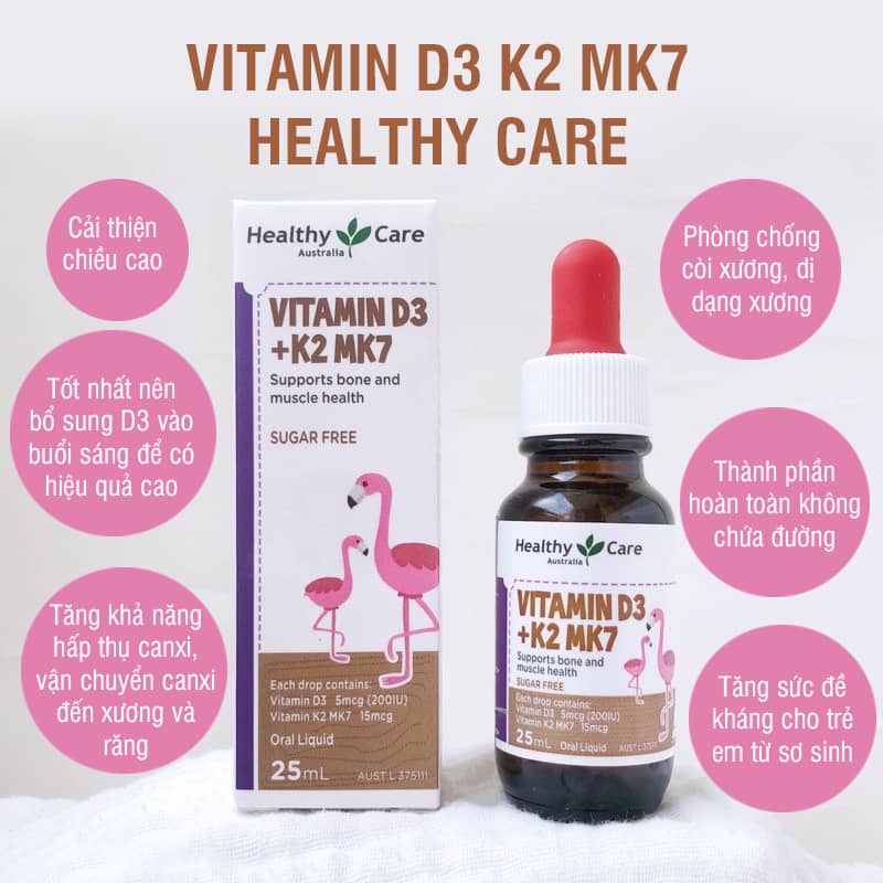 Siro hỗ trợ tăng chiều cao Vitamin D3 K2 MK7 Healthy Care cho trẻ sơ sinh 25ml Extate Official Mall