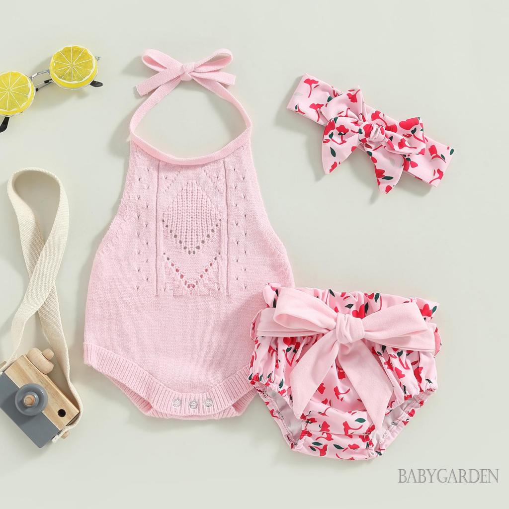 Set Đồ Mùa Hè 3 Món Gồm Áo Liền Quần Dệt Kim Sát Nách + Quần Ngắn + Băng Cài Đầu Cho Bé Gái 0-24 Tháng