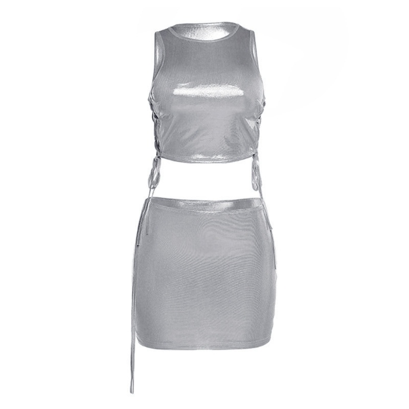 Xiangbao Đầm Midi Cổ Tròn Sáng Màu Trơn Khoét Rỗng Hai Mảnh