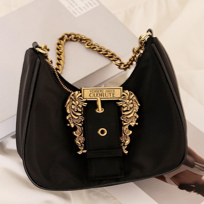 Túi Đeo Vai Bằng Vải Nylon Phối Dây Đeo Sợi Xích Phong Cách Cổ Điển Màu Trắng Thời Trang Cho Nữ