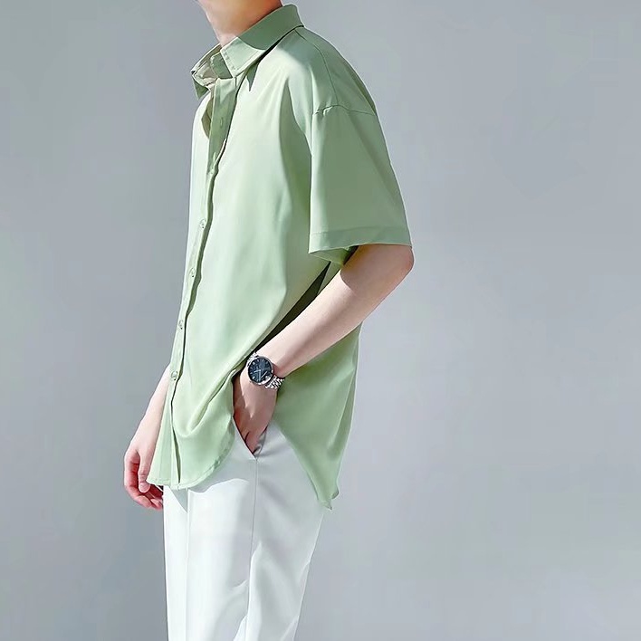 Áo Sơ Mi Ngắn Tay Dáng Rộng Màu Trơn Thời Trang Mùa Hè Hàn Quốc Dành Cho Nam