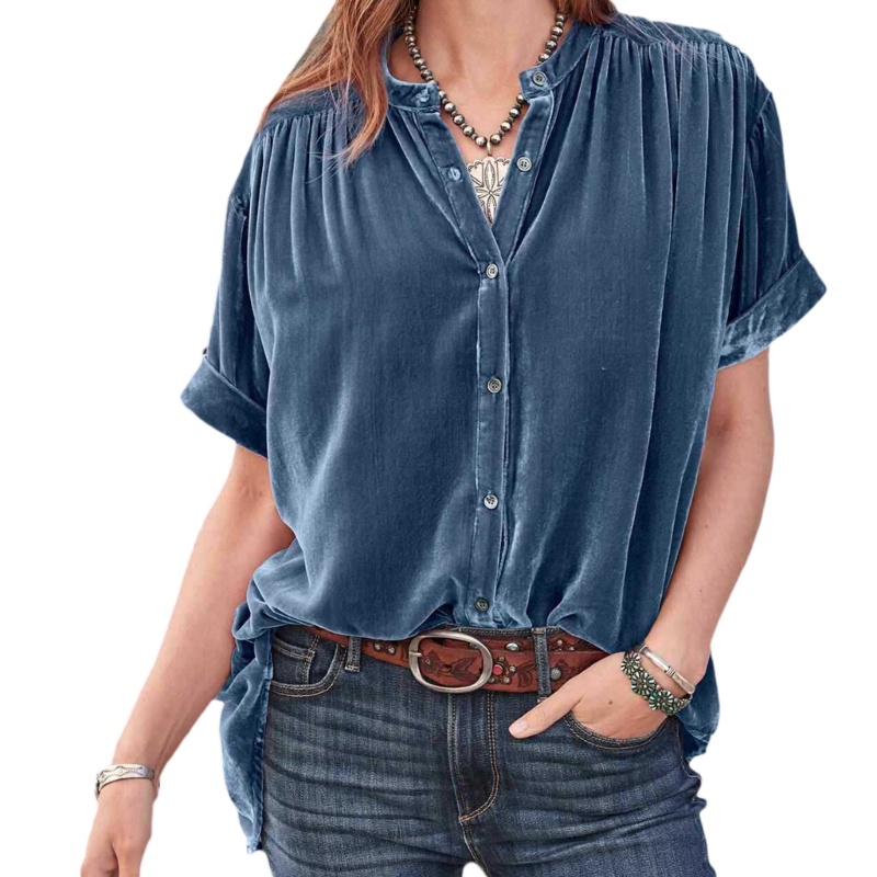 Áo Nhung Ngắn Tay Cổ Chữ V Phối Nút Xinh Xắn Dành Cho Nữ