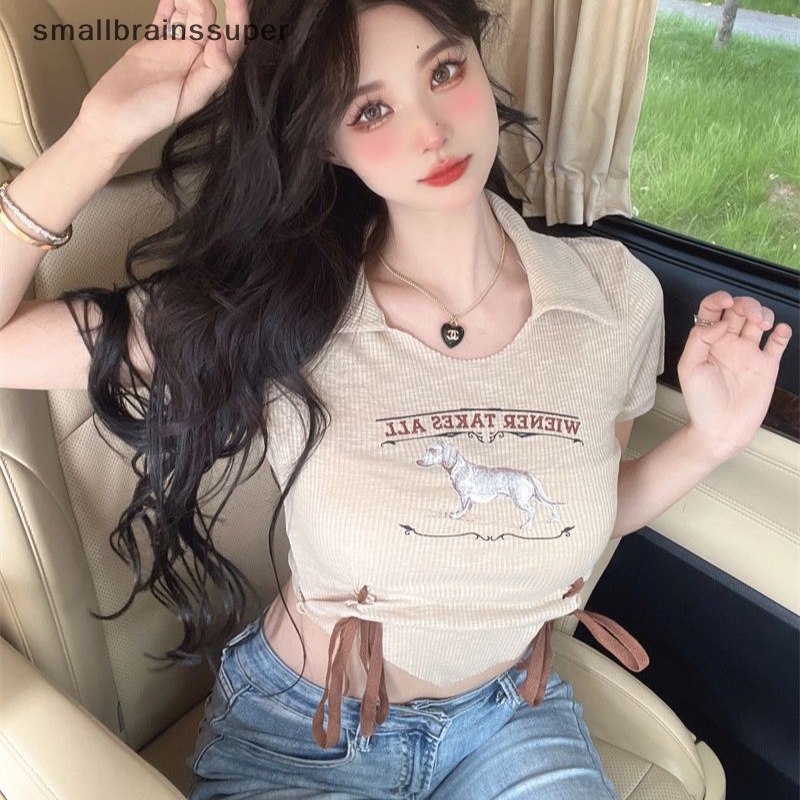 Áo Thun Croptop Tay Ngắn Dáng Ôm In Họa Tiết Kiểu Retro Mỹ Xinh Xắn Cho Nữ