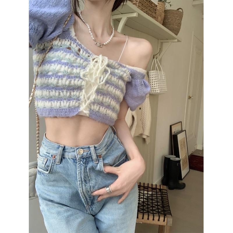 [F &amp; X] Áo Sweater Tay Phồng Cổ Vuông Thắt Dây Phong Cách Pháp Thanh Lịch Mùa Hè Cho Nữ