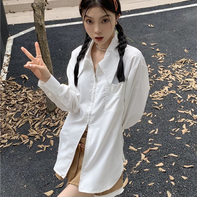 Áo Sơ Mi Tay Dài Có Khóa Kéo Dáng Rộng Thời Trang Mùa Thu Cho Nữ