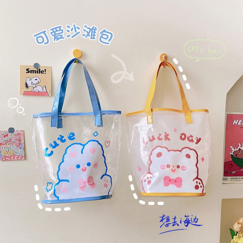 Túi Xách Nhựa PVC Trong Suốt Chống Nước Sức Chứa Lớn Họa Tiết Trái Tim Dễ Thương Cho Nữ