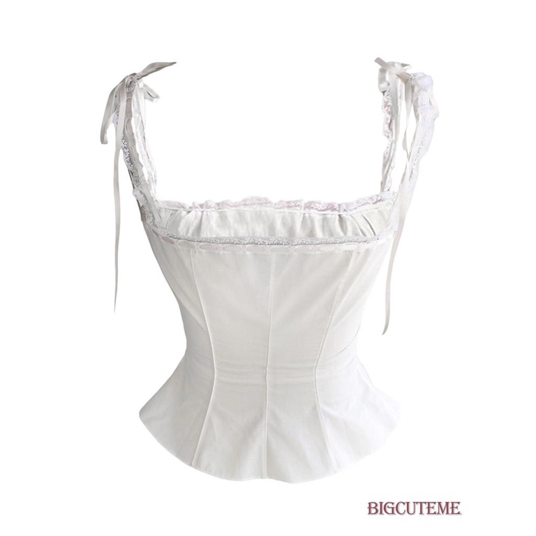 [] - Áo Crop Top Hai Dây Không Tay Buộc Dây Phối Ren Hở Lưng Cài Nút Thời Trang Mùa Hè Đường Phố Cho Nữ