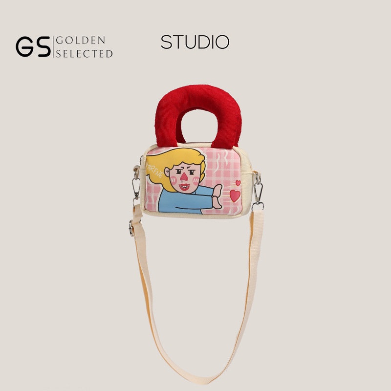 Túi Đeo Chéo Vải Canvas Dáng Vuông Nhỏ Phối Màu Tương Phản Dễ Thương Cho Bạn Gái