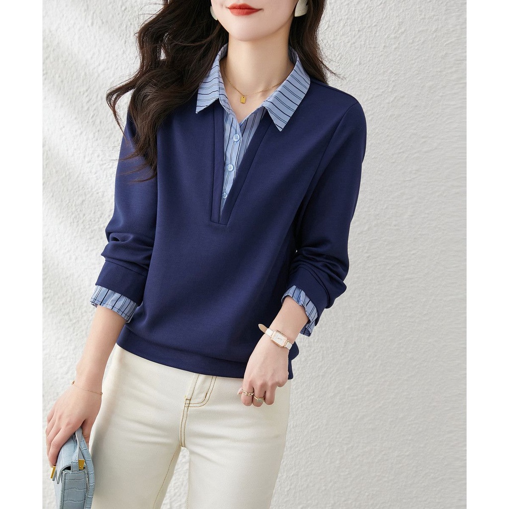 Áo Sweater Kẻ Sọc Giả Hai Lớp Phối Màu Tương Phản Cá Tính Cho Nữ