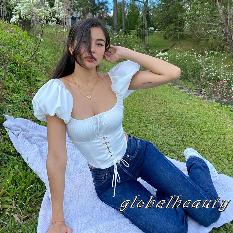 Áo Thun Tay Phồng Hở Rốn Màu Trơn Thời Trang Dành Cho Nữ