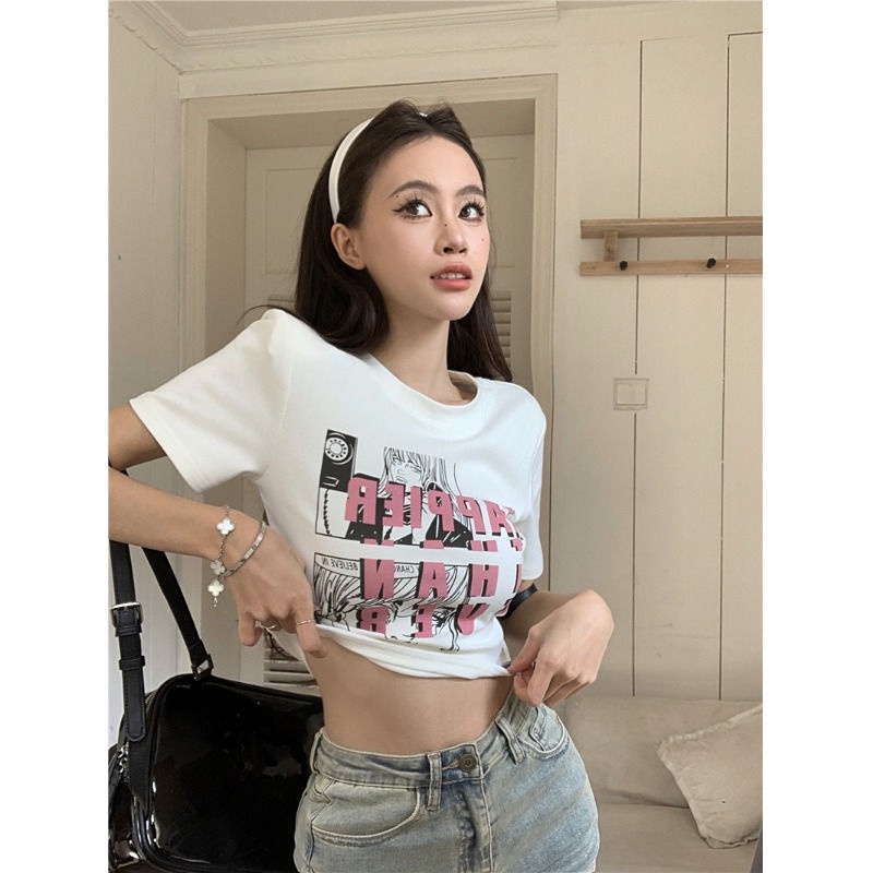 Áo baby tee Thun croptop nữ Ngắn Tay Dáng Ôm In Họa Tiết Thời Trang Mùa Hè 2023 Phong Cách Retro Mỹ Cho Nữ