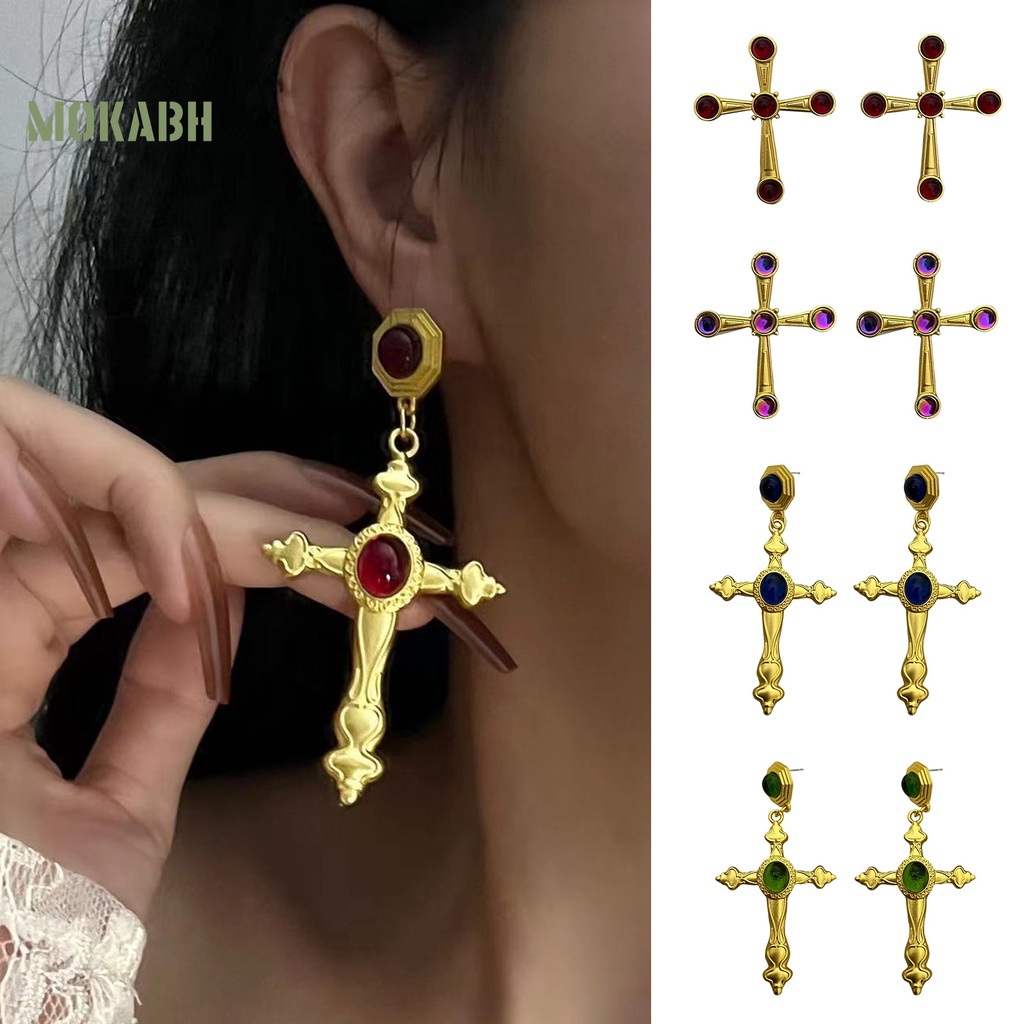 1 Đôi Bông Tai Hình Thánh Giá Bằng Thủy Tinh Màu Sang Trọng Phong Cách Trung Cổ Dành Cho Nữ