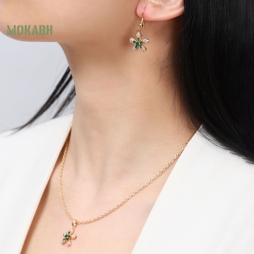 1 Bộ Vòng cổ + Bông Tai Đính Đá Zircon Hình Hoa Lấp Lánh Cho Nữ