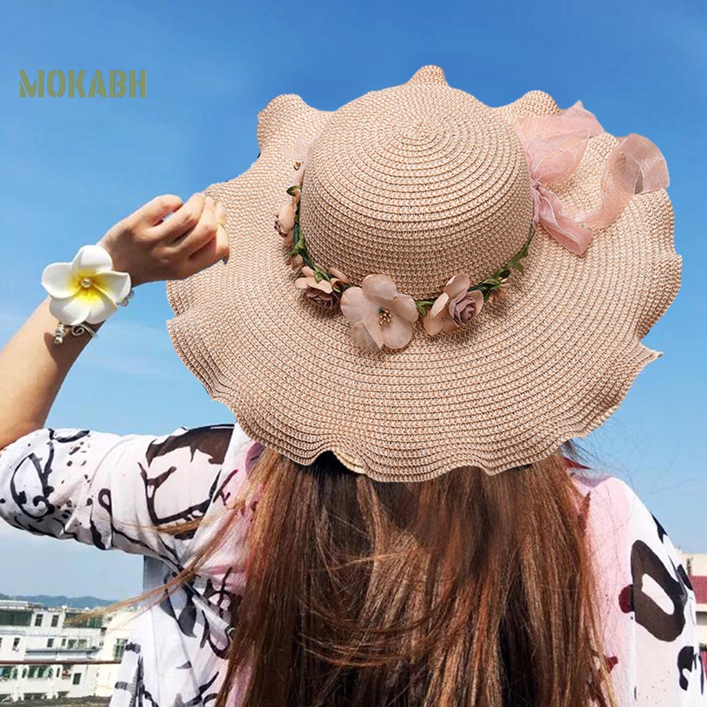 [Mok Abh] Mũ Cói Vành Tròn Thắt Nơ Cỡ Lớn Thấm Hút Mồ Hôi Thời Trang Nữ