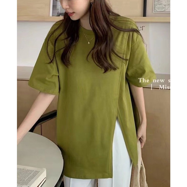 Áo Thun Tay Ngắn Dáng Rộng Cỡ Lớn Xẻ Tà Thời Trang Trẻ Trung Cho Nữ