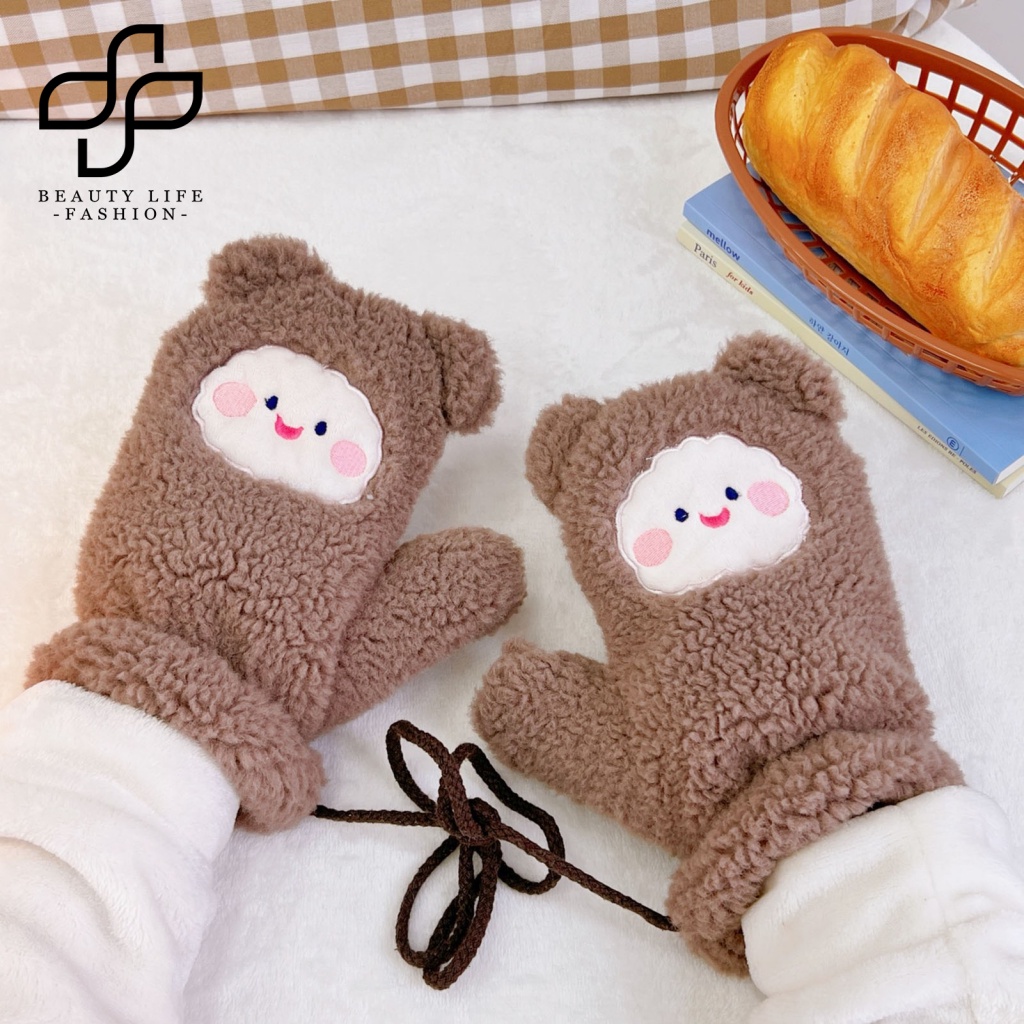 Găng Tay Vải Bông Dày Dặn Ấm Áp Chống Gió Thêu Hình Gấu Trúc / Thỏ / Gấu / Cừu Dễ Thương