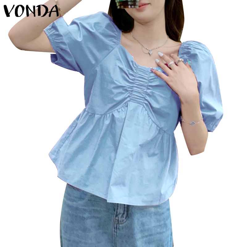 Áo Sơ Mi Tay Ngắn Phồng Cổ Vuông Màu Trơn Phong Cách Hàn Quốc Dành Cho Nữ