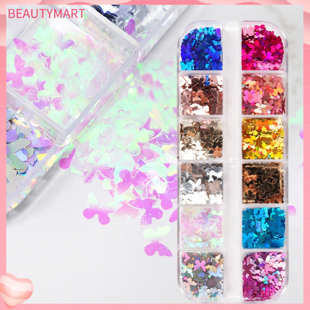 Hộp 12 Ngăn Đựng Hạt Kim Sa Hình Bướm Trang Trí Móng Tay DIY