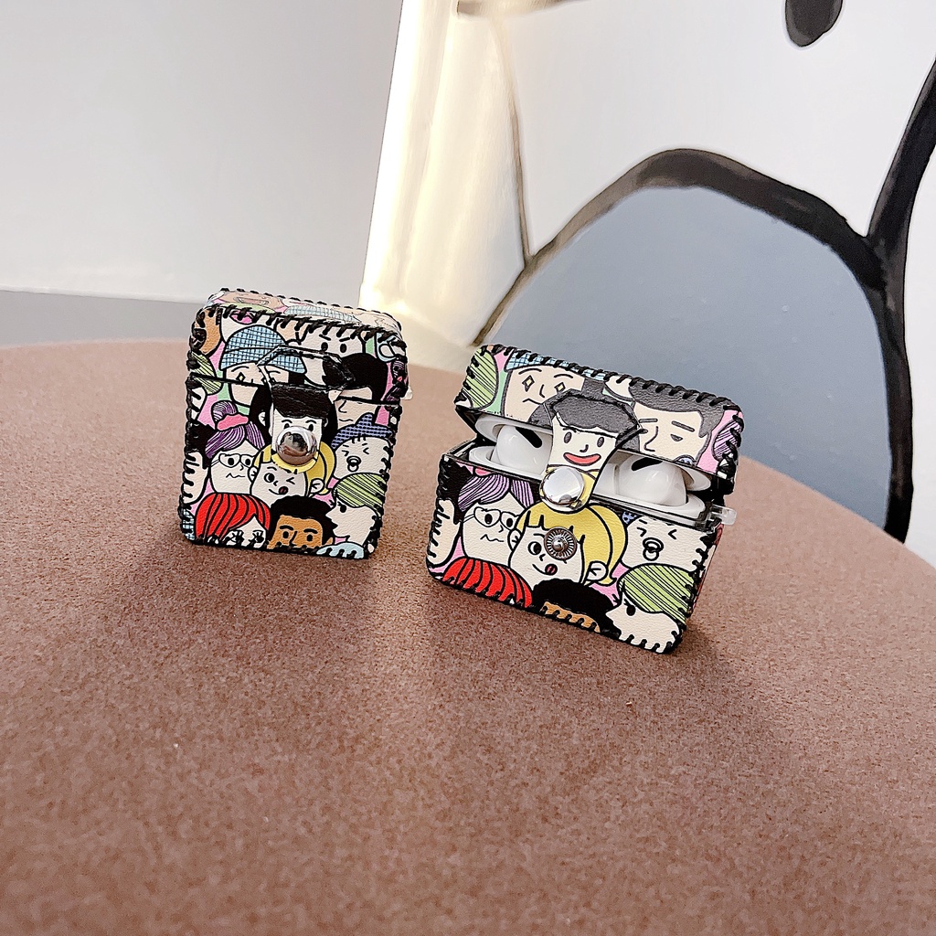 Vỏ Bảo Vệ Hộp Sạc Tai Nghe AirPods 1 2 3 pro2 2022 Bằng Da PU Hình Vuông Họa Tiết Hoạt Hình Sáng Tạo