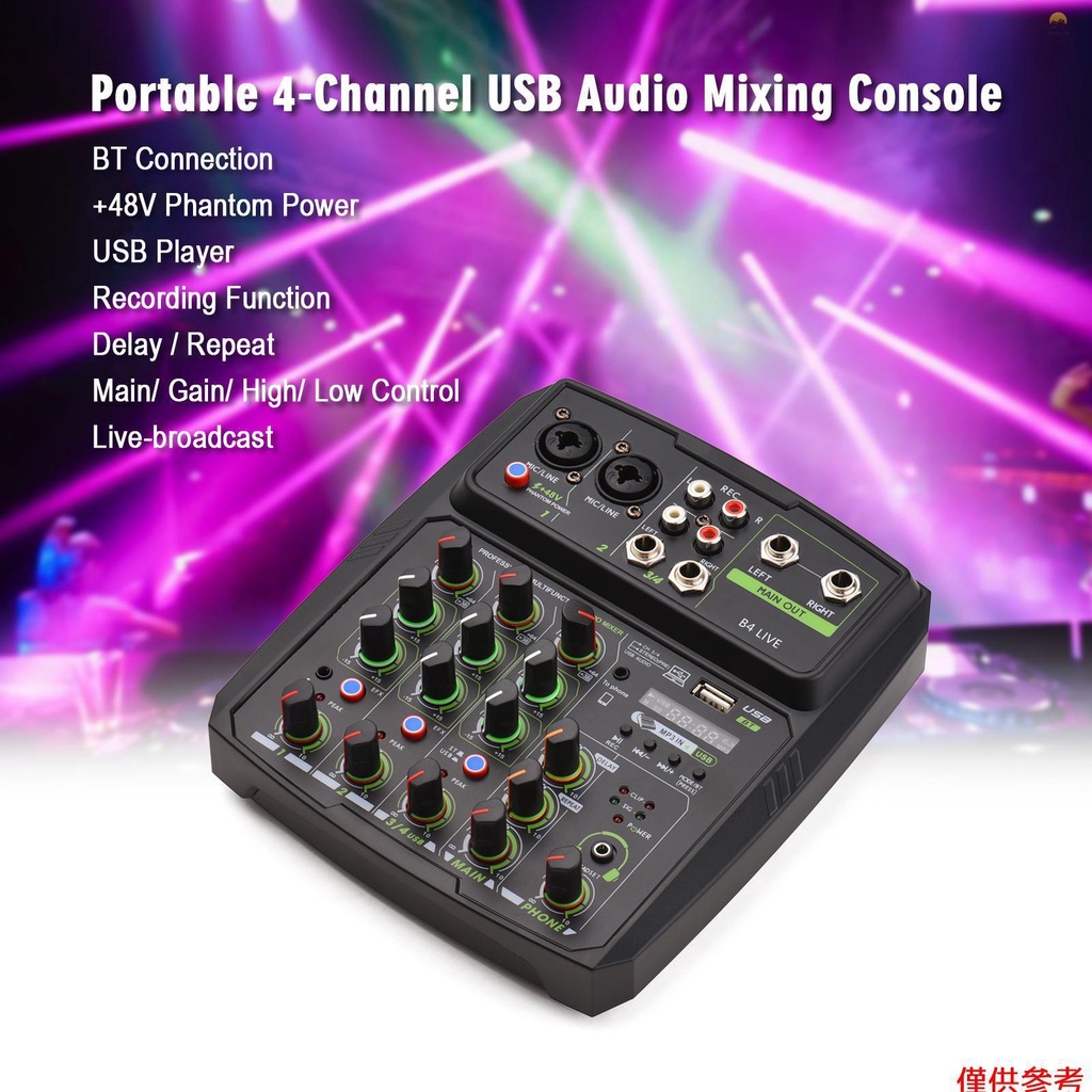 Bảng Điều Khiển Âm Thanh 4 Kênh Tích Hợp Đèn LED Kết Nối USB BT 2 Băng Tần EQ