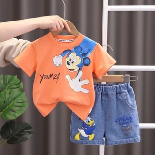 Bộ Áo Thun Cotton Ngắn Tay In Hoạt Hình Vịt + Quần Jean Ngắn Thời Trang Mùa Hè 2023 Cho Bé