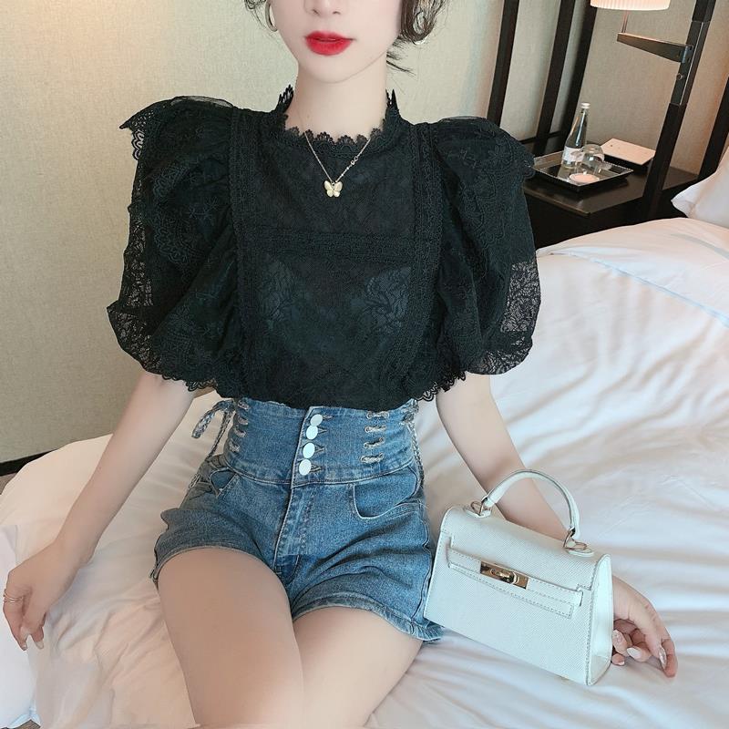 Áo Sơ Mi Chiffon Tay Ngắn Phồng Phối Ren Phong Cách Pháp Thời Trang Mùa Hè Cho Nữ