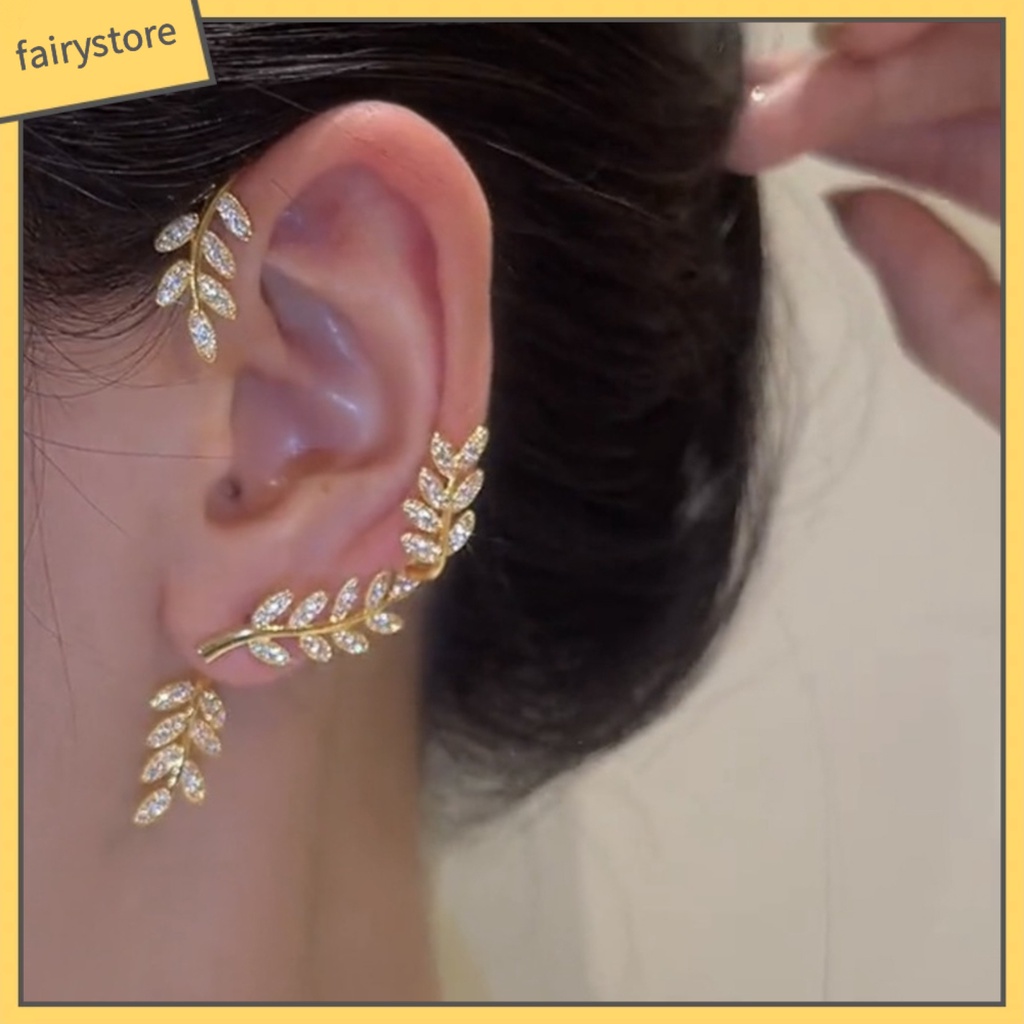 1 Khuyên Kẹp Vành Tai Hình Lá Đính Đá Zircon Tinh Xảo