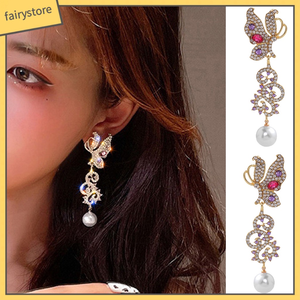 1 Đôi Bông Tai Thả Hình Bướm Rỗng Đính Ngọc Trai Sáng Bóng Dành Cho Nữ