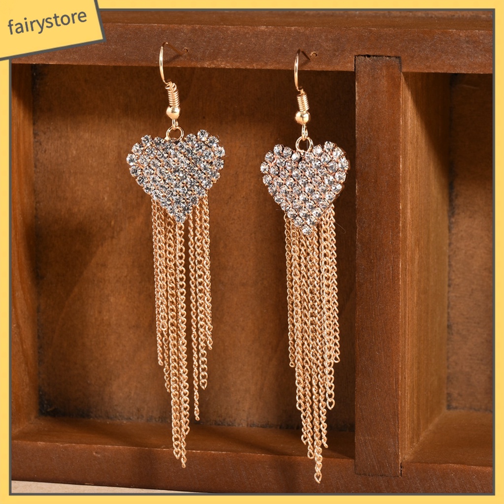 Bông Tai Dài Hình Trái Tim Đính Đá Lấp Lánh Thời Trang Cho Nữ