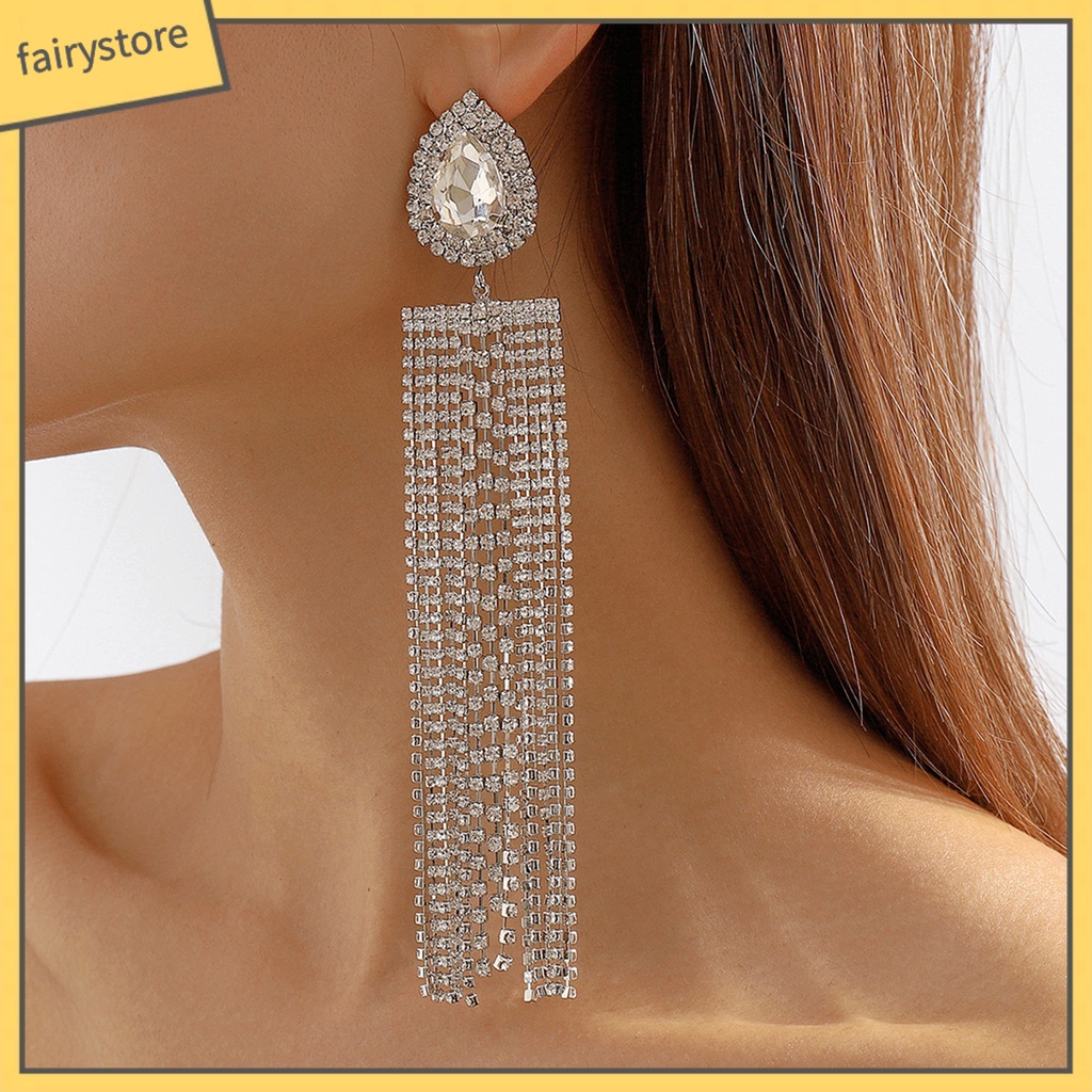 1 Đôi Bông Tai Hình Giọt Nước Dáng Dài Đính Pha Lê Giả Thời Trang