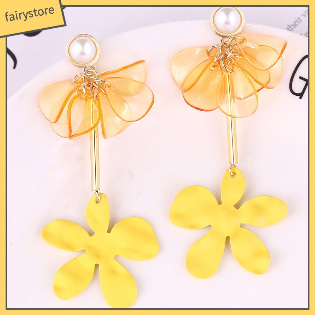 Bông Tai Dáng Dài Hình Cánh Hoa Bằng Nhựa Resin Phối Tua Rua Thanh Lịch Cho Nữ