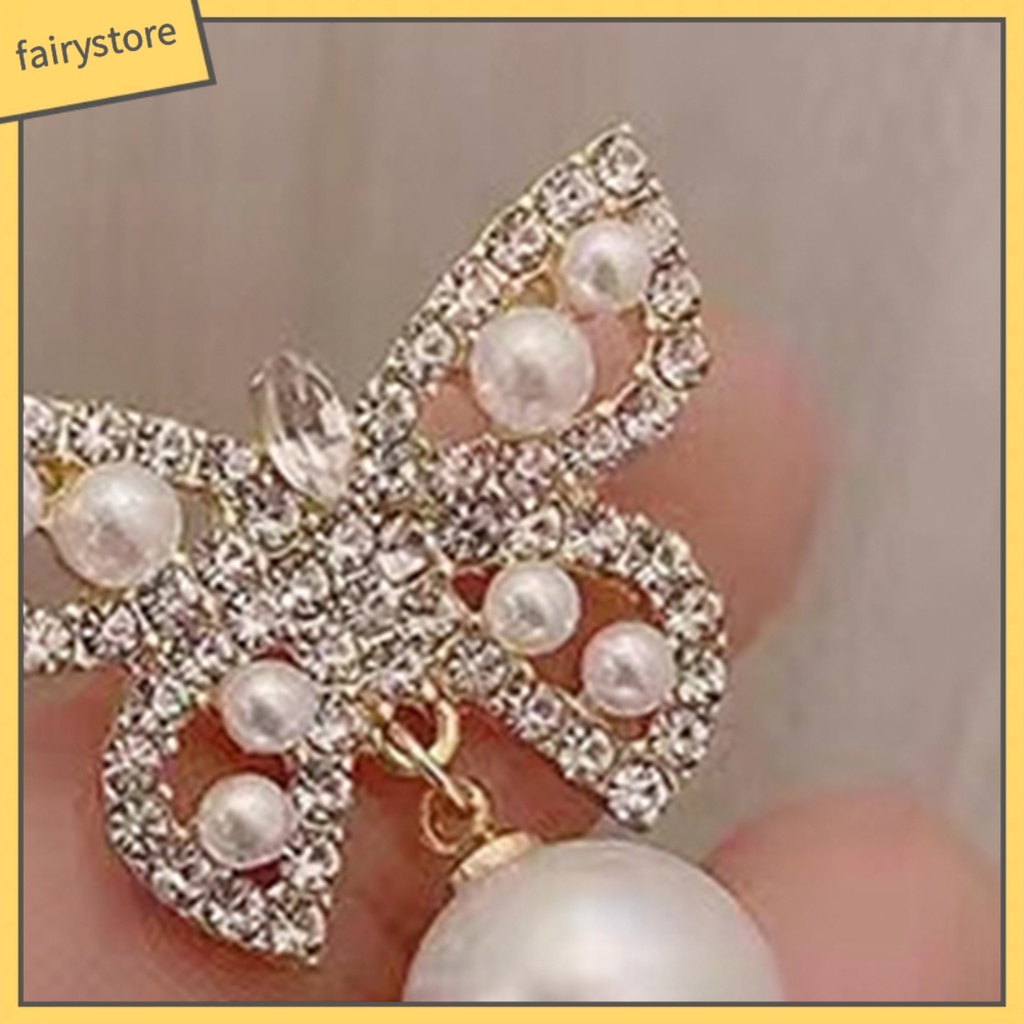 1 Đôi Bông Tai Dáng Dài Hình Bướm Đính Ngọc Trai Giả Phong Cách Pháp Thanh Lịch