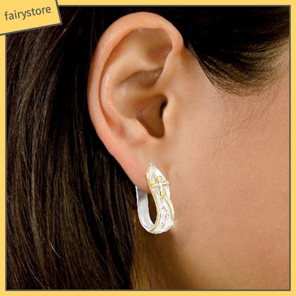[FRO] Khuyên Tai Vòng Đính Đá Hình Dấu Chân Chữ Thập Hai Màu Thời Trang Cho Nữ