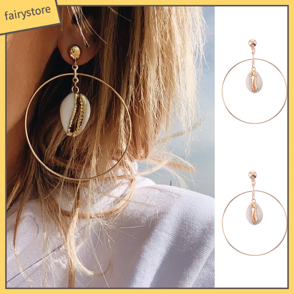 Bông Tai Hình Tròn Lớn Họa Tiết Vỏ Sò Rỗng Thời Trang Đi Biển Cho Nữ