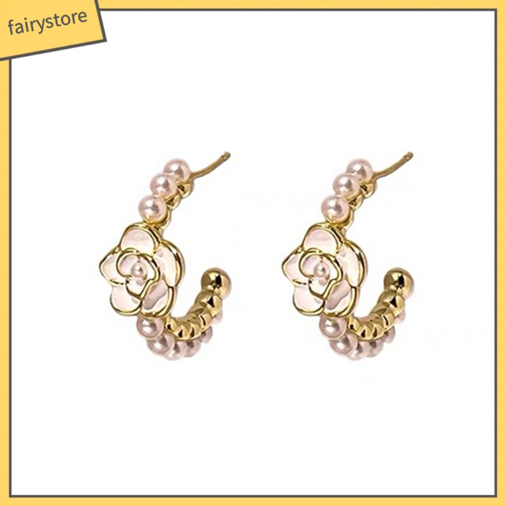 [FRO] 1 Đôi Bông Tai Tròn Đính Hoa Trà Phong Cách Pháp Thanh Lịch Không Phai Màu Trang Trí Ngọc Trai Giả