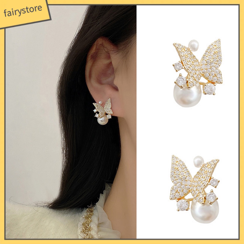 1 Đôi Bông Tai Hình Bướm Đính Ngọc Trai Giả Phong Cách Hàn Quốc Dành Cho Nữ
