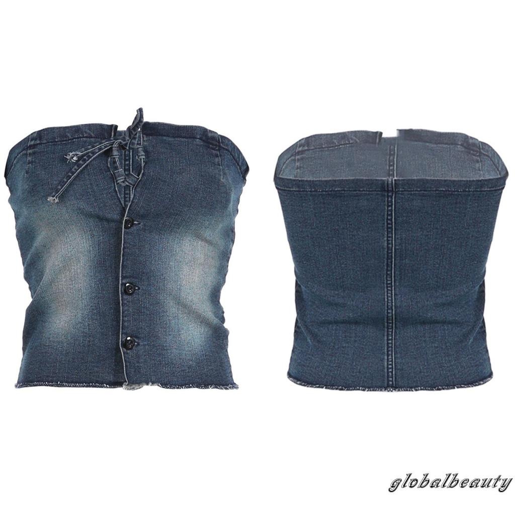 Áo Croptop Trễ Vai Chất Liệu Denim Phối Nút Thời Trang Mùa Hè Phong Cách Vintage Cho Nữ