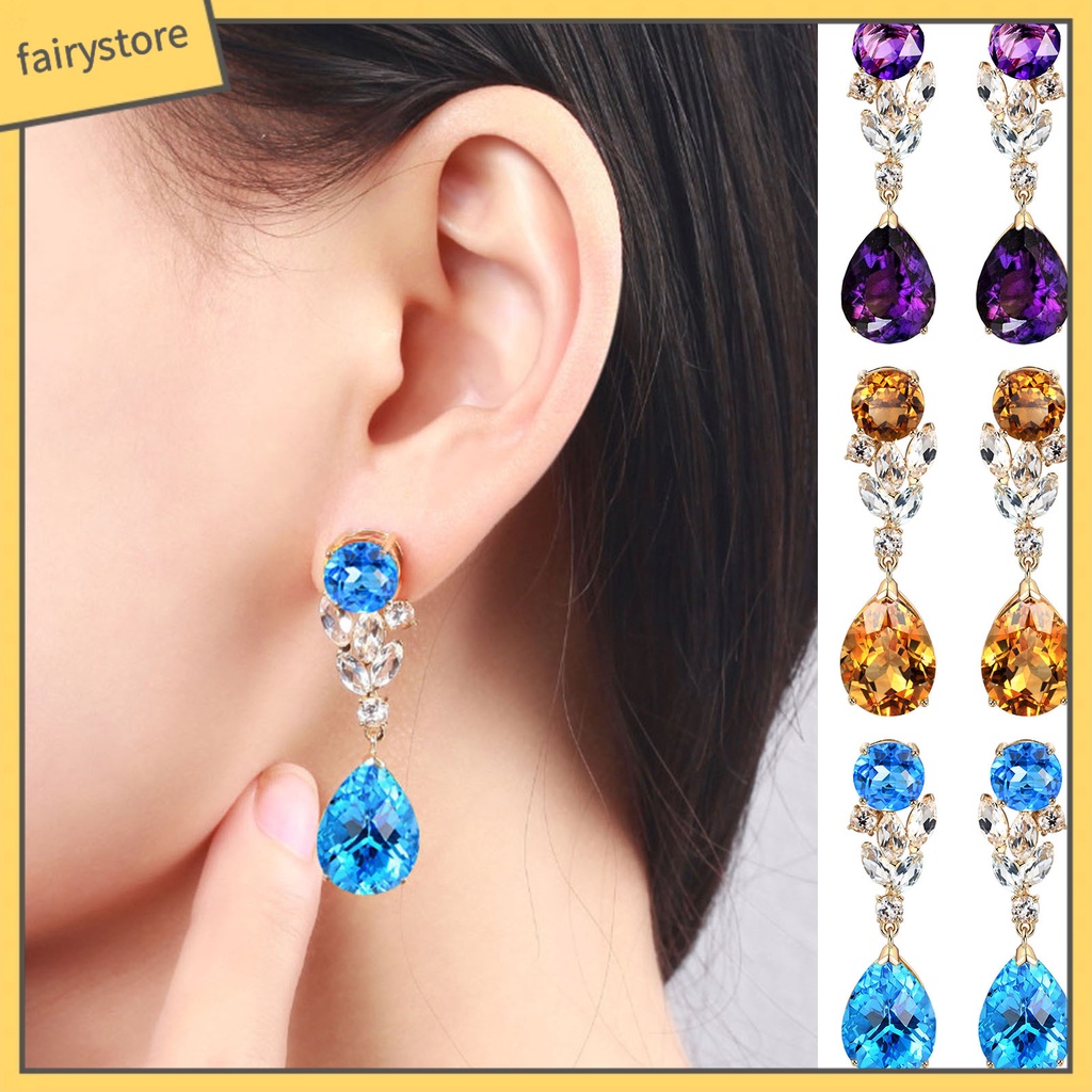 1 Đôi Bông Tai Dáng Dài Hình Giọt Nước Đính Đá Thời Trang