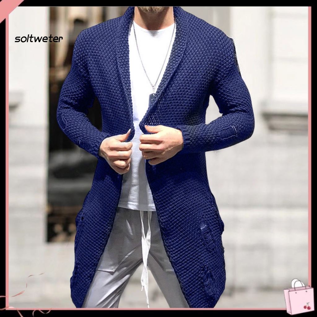 Áo Khoác Sweater Dệt Kim Tay Dài Màu Sắc Trơn Thiết Kế Rách Cá Tính Thời Trang Thu Đông Cho Nam Giới