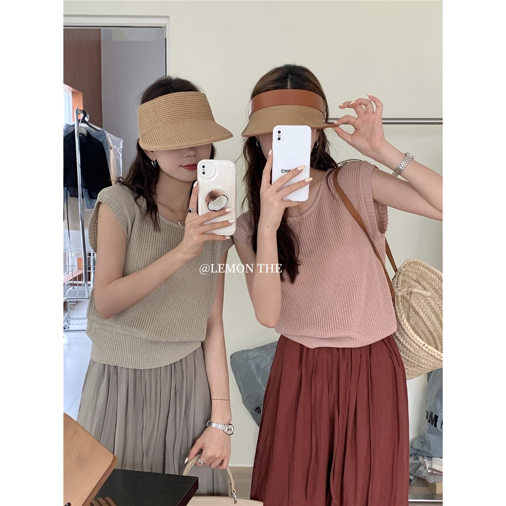 Áo Thun Dệt Kim Không Tay Cổ Tròn Họa Tiết Kẻ Sọc Màu Sắc Tương Phản Thời Trang Mùa Hè Phong